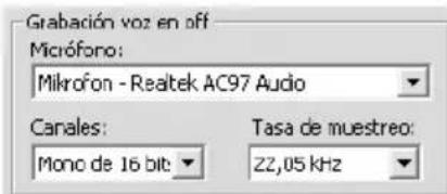 Grabación voz en off Microfono: Mikrofon - Realtek AC97 Audio Canales: Mono de 16 bit Tasa de muestreo: 22,05 kHz