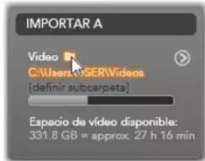 IMPORTAR A Video C:\Users\SER\Videos [definir subcarpeta] Espacio de vídeo disponible: 331.8 GB = approx. 27 h 16 min