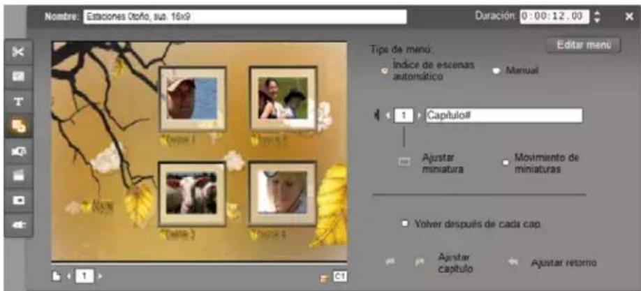 Nombre: Estaciones Otario, sub: 16x9 Duración: 0:00:12.00 Tipo de meno: Indice de escenas automático Manual 1 Capítulo# Ajustar miniatura Movimiento de miniaturas Yolver después de cada cap. Ajustar capítulo Ajustar retorno