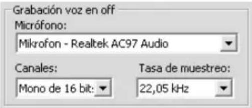 Grabación voz en off Micrófono: Mikrofon - Realtek AC97 Audio Canales: Mono de 16 bit: Tasa de muestreo: 22,05 kHz