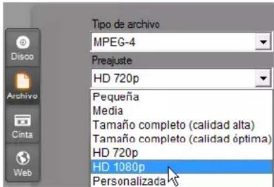 Tipo de archivo MPEG-4 Preajuste HD 720p Pequeña Media Tamaño completo (calidad alta) Tamaño completo (calidad óptima) HD 720p HD 1080p Personalizada