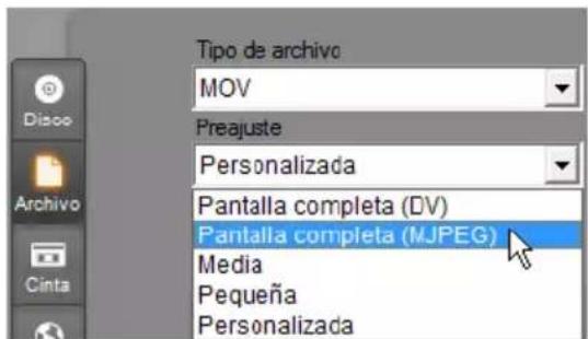 Tipo de archivo MOV Preajuste Personalizada Pantalla completa (DV) Pantalla completa (MJPEG) Media Pequeña Personalizada