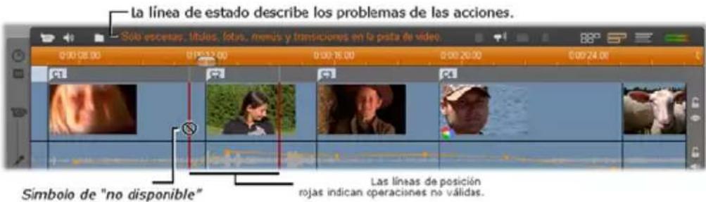 La línea de estado describe los problemas de las acciones. S Ó ñ esceitas, úbítos, fotás, mezés y transciones en la pista de vídeo Símbolo de "no disponible" Las líneas de posición rojas indican operaciones no válidas.