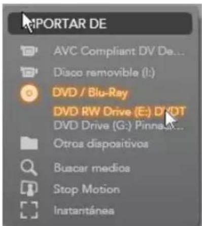 IMPORTAR DE AVC Compliant DV De... Disco removable (I:) DVD / Blu-Ray DVD RW Drive (E:) DVD DVD Drive (G:) Pinna Otros dispositivos Buscar medios Stop Motion Instantánea