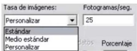 Tasa de imágenes: Personalizar Estándar Medio estándar Personalizar Fotogramas/seg. 25 datos Porcentaje