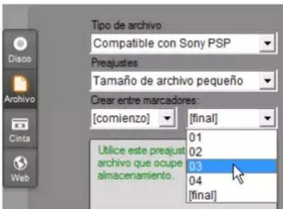 Tipo de archivo Compatible con Sony PSP Preajustes Tamaño de archivo pequeño Crear entre marcadores: [comienzo] [final] 01 02 03 04 [final]