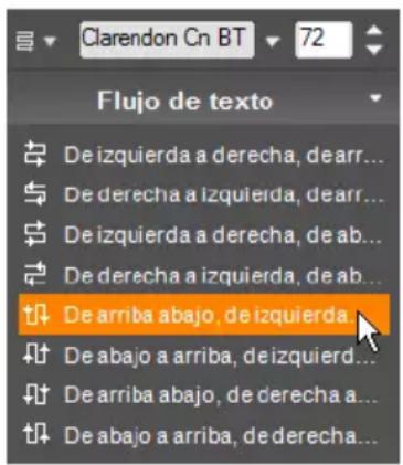 Clarendon Cn BT 72 Flujo de texto De izquierda a derecha, dearr... De derecha a izquierda, dearr... De izquierda a derecha, de ab... De derecha a izquierda, de ab... De arriba abajo, de izquierda De abajo a arriba, deizquierd...
