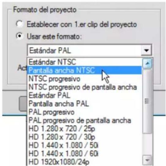 Formato del proyecto Establecer con 1.er clip del proyecto Usar este formato: Estándar PAL Estándar NTSC Pantalla ancha NTSC NTSC progresivo NTSC progresivo de pantalla ancha Estándar PAL Pantalla ancha PAL PAL progresivo PAL progresivo de pantalla ancha HD 1.280 x 720 / 25p HD 1.280 x 720 / 30p HD 1.440 x 1.080 / 50i HD 1.440 x 1.080 / 60i HD 1920x1080/24p