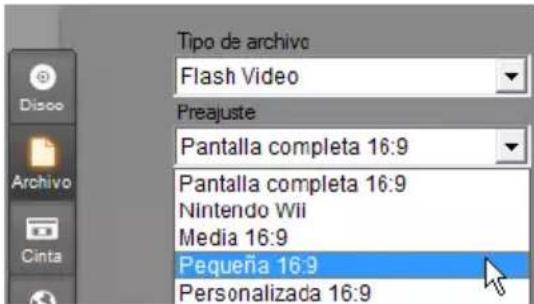 Tipo de archivo Flash Video Preajuste Pantalla completa 16:9 Pantalla completa 16:9 Nintendo Wii Media 16:9 Pequeña 16:9 Personalizada 16:9