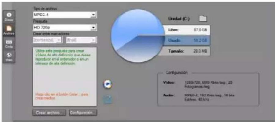 Tipo de archive MPEG-4 Prescale HD 720p Crear entre marcaciones comercial | DHA Unidad (C.) Libre: 67.0 GB Ubado: 58.2 GB Tamaño: 28.0 MB Utilice este prescale para crear «lides de alta definición que deseae reproducir en el ordenador o en un tervasor de alta definición. Hapa útil en el botón Citar ... para crear medias. Configución Videos: 1209-720, 6000 Mbra/leg ; 25 Fotogramas/leg Audio: MPEG-4, 1923 Mbra/leg ; 16 Mpa Extimo, 48 kHz