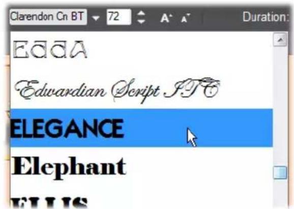 Clarendon Cn BT 72 A A Duration: EAAA Edwardian Script SFC ELEGANCE Elephant ELLIS