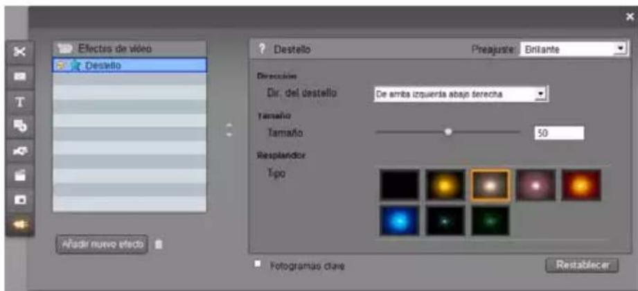 Efectos de video Destello Destello Pregjuste: Britante Dirección Dir. del destello De amita izquierda abajo serecha Tamaño Tamaño 50 Resplandor Tipo Fotogramas clare Restablecer Afindir nuevo efecto