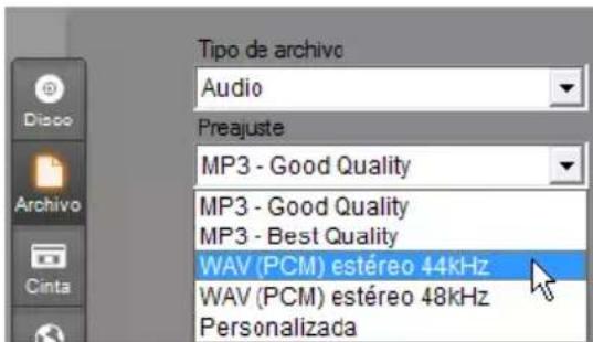 Tipo de archivo Audio Preajuste MP3 - Good Quality MP3 - Good Quality MP3 - Best Quality WAV (PCM) estéreo 44kHz WAV (PCM) estéreo 48kHz Personalizada