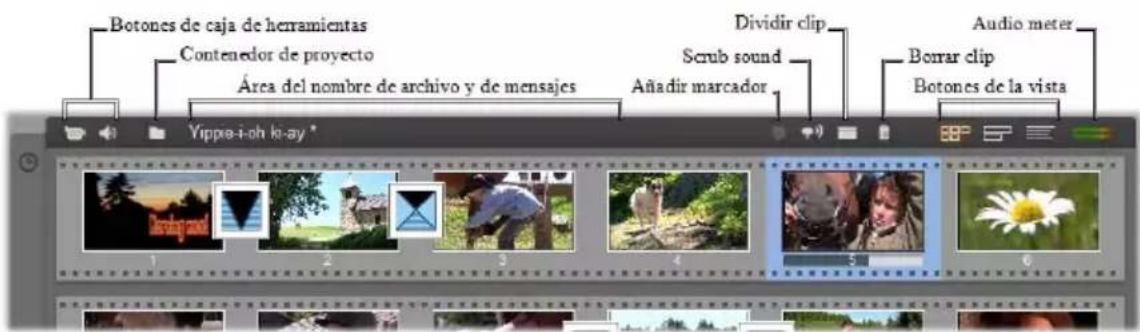 Botones de caja de herramientas Contenedor de proyecto Área del nombre de archivo y de mensajes Dividir clip Scrub sound Añadir marcador Audio meter Borrar clip Botones de la vista Yippia-i-oh ki-ay * 1 2 3 4 5 6