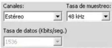 Canales: Estéreo Tasa de muestreo: 48 kHz Tasa de datos (Kbits/seg.) 1536