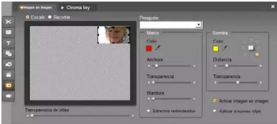 Imagen en imagen Chroma key Escals Recortar Presajuste: Marco Color Anchura Transparencia Blandura Extremos redondeados Sombra Color Distancia Transparencia Activar imagen en imagen Aplicar a nuevos clips Transparencia de vídeo