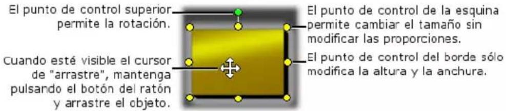 El punto de control superior permite la rotación. Cuando esté visible el cursor de "arrastre", mantenga pulsando el botón del ratón y arrastre el objeto. El punto de control de la esquina permite cambiar el tamaño sin modificar las proporciones. El punto de control del borde sólo modifica la altura y la anchura.