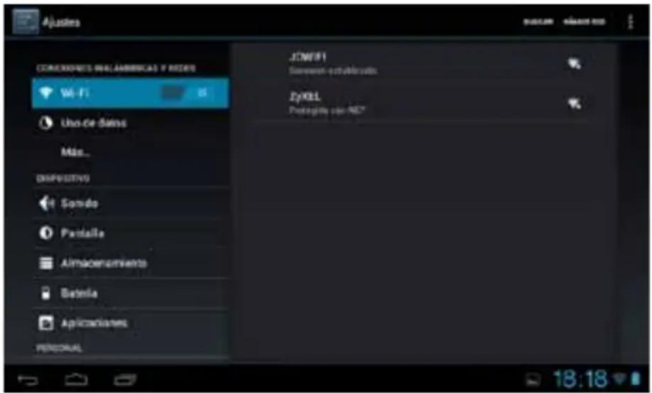 Ajustes COMEXIONES REAL AMERICAS Y REDES Wi-Fi Uso de Davis Más... DISPOSITIVO Sondo Pantilla Almacenamiento Batella Aplicaciones PERSONAL JONIFI Sistema en el abiertos LyKBL Portraite por NET 18:18