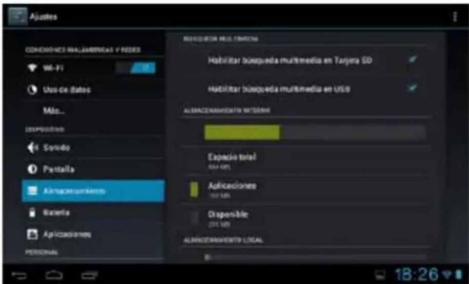 Ajustes CONEXHOCES INJAMERICAS Y REDES Wi-Fi Uso de datos Mão... ESPOSUTAR Sondo Pantilla Altracomercio Bateria Aplicaciones PERSONAL RESERVACION MULTIMERA Habititar buequeda multimedia en Tanjera SD Habititar buequeda multimedia en US$5 ALSACENAMIENTO WITOSHA Espacio total 604 GB Aplicaciones 168 MB Disponible: 201 MB ALSACENAMIENTO LOCAL 18:26