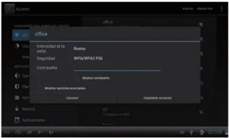 Ajustes BUCAR AÑOIR RED CONDICIONES REAL APPRICALES OFFICE office Intensidad de la señal Buena Seguridad WPA/WPA2 PSK Contraseña Mostrar contrasteña Mueitar opciones avanzadas Alim Cancelar Estabience convenidor Battería CF Postaglación del Aplicaciones