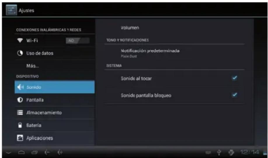 Ajustes CONEXIONES INALÁMERICAS Y REDES Wi-Fi NO Uso de datos Más... DISPOSITIVO Sonido Pantalla Almacenamiento Bateria Aplicaciones Volumen TONO Y NOTIFICACIONES Notificación predeterminada Pixie Duet SISTEMA Sonide al tocar Sonide pantalla bloqueo
