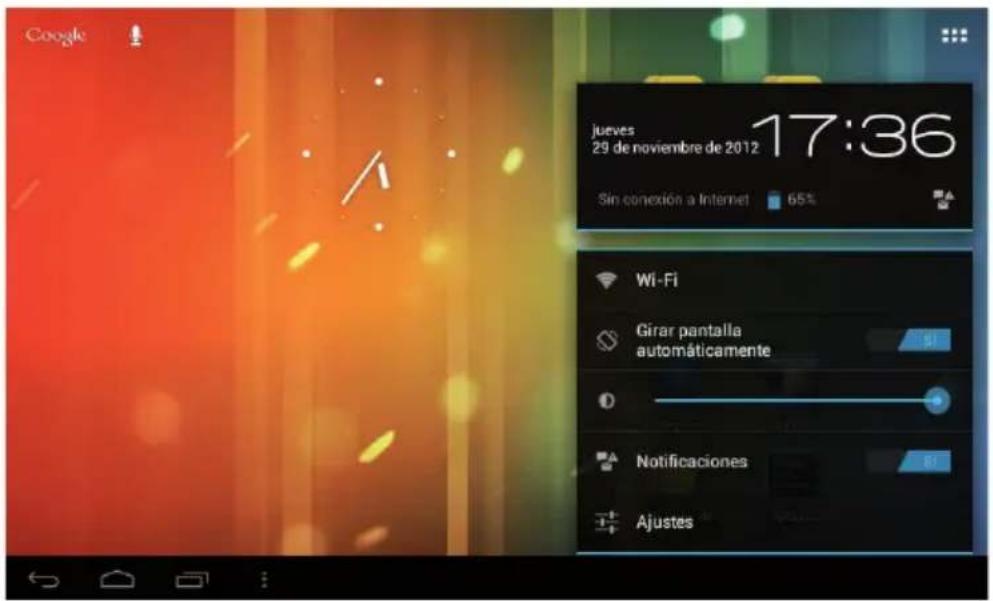 Google jueves 29 de noviembre de 2012 17:36 Sin conexión a Internet 65% Wi-Fi Girar pantalla automáticamente 0 Notificaciones Ajustes
