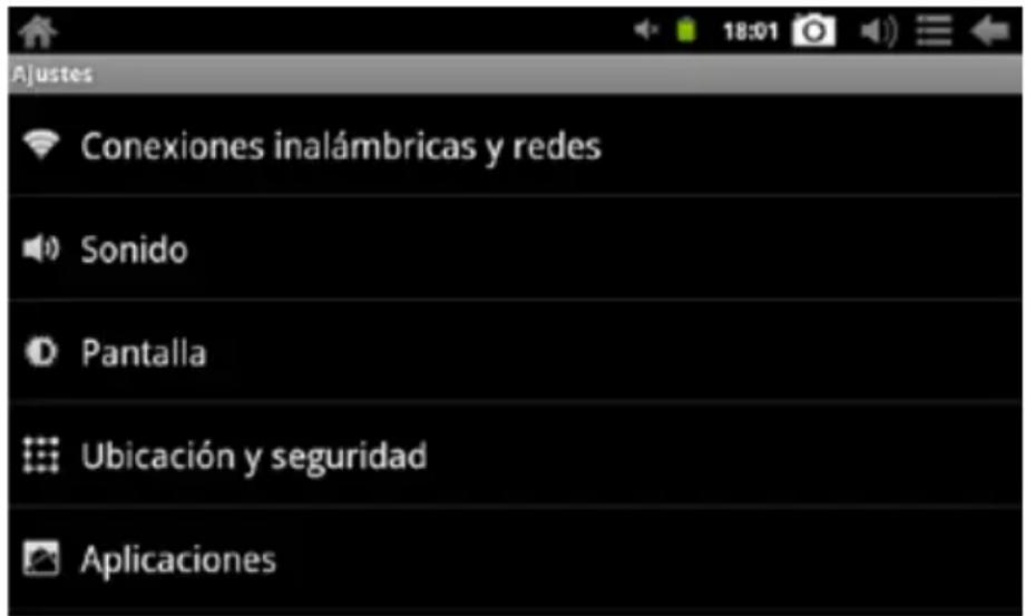 Ajustes Conexiones inalámbricas y redes Sonido Pantalla Ubicación y seguridad Aplicaciones