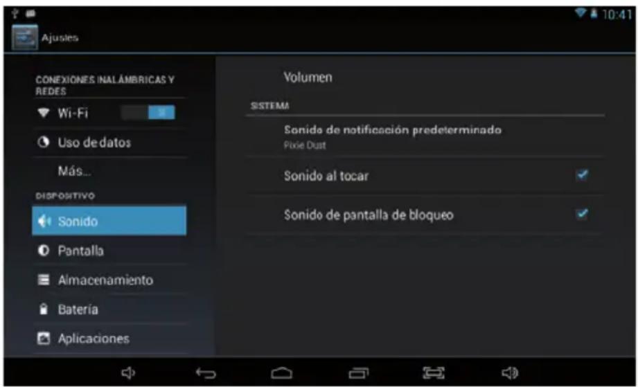 Ajustes CONEXIONES INALÁMBRICAS Y REDES Wi-Fi Uso de datos Más... DISPOSITIVO Sonido Pantalla Almacenamiento Batería Aplicaciones Volumen SISTEMA Sonido de notificación predeterminado Pixie Dust Sonido al tocar Sonido de pantalla de bloqueo