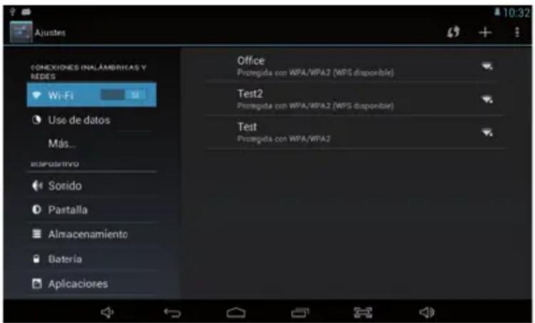 Ajustes CONEXIONES INALÁMBRICAS Y REDES Wi-Fi Use de datos Más... disputativo Sorido Pastalla Almacenamiento Batería Aplicaciones Office Protegida con WPA/WPA2 (WPS disponible) Test2 Protegida con WPA/WPA2 (WPS disponible) Test Protegida con WPA/WPA2 10:32