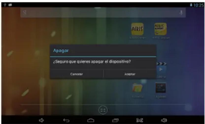 Apagar ¿Seguro que quieres apagar el dispositivo? Cancelar Aceptar Airis Airis Genera Airis Report