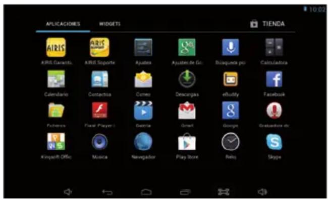 APLICACIONES WIDGETS TIENDA AIRIS Garantos AIRIS Soporte Ajudas Ajusten de Go: Bisqueño por Calculadora Calendario Contactina Curno Descargas ebfuzzy Facebook Fachora Case Player1 Gazilla Gmail Gororge Greabadora de Kinapoft Office Música Navigator Play Store Reloj Skype