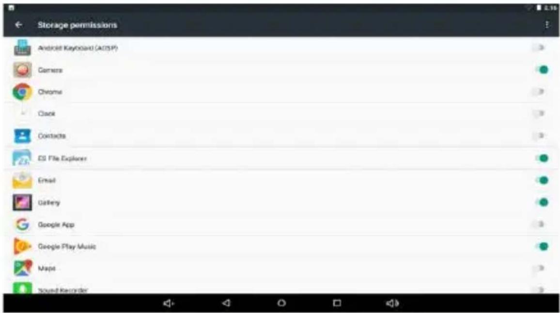 Storage permissions Android Keyboard (ACSP) Camera Chrome Clock Contacts DS File Explorer Email Gallery Google App Google Play Music Maps Sound Recorder