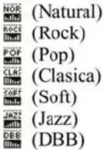 NOR (Natural) Mild ROCE (Rock) Ithul POP (Pop) Soft CLAS (Clasica) Illbrd SOFT (Soft) Illbrd JAZZ (Jazz) Jill DBB (DBB)