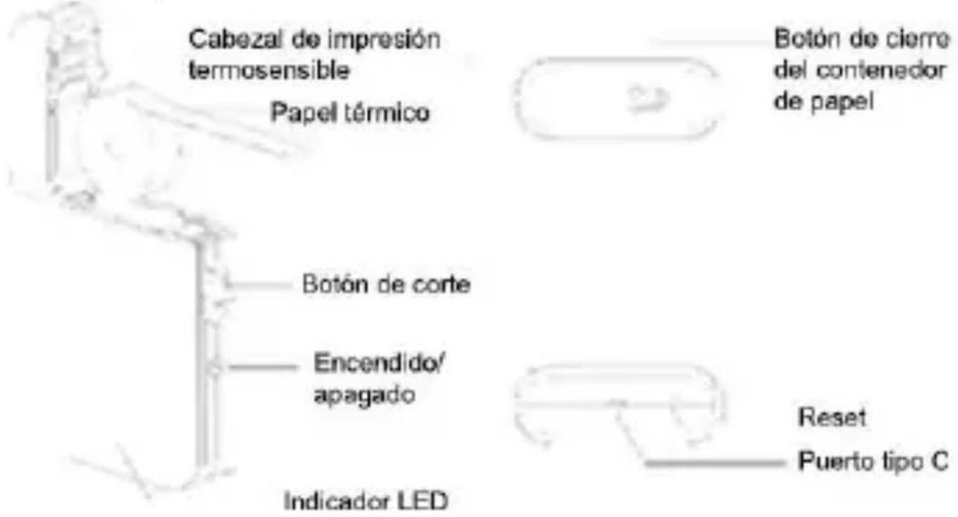 Cabezal de impresión termosensible Papel térmico Botón de cierre del contenedor de papel Botón de corte Encendido/apagado Indicador LED Reset Puerto tipo C