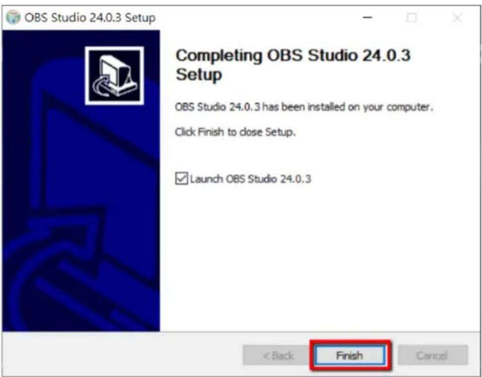 OBS Studio 24.0.3 Setup Completing OBS Studio 24.0.3 Setup OBS Studio 24.0.3 has been installed on your computer. Click Finish to dose Setup. ✓Launch OBS Studio 24.0.3 < Back Finish Cancel