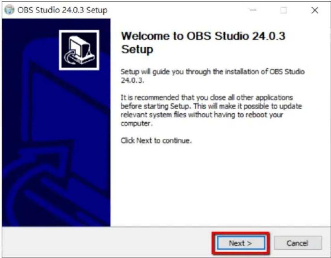 OBS Studio 24.0.3 Setup Welcome to OBS Studio 24.0.3 Setup Setup will guide you through the installation of OBS Studio 24.0.3. It is recommended that you close all other applications before starting Setup. This will make it possible to update relevant system files without having to reboot your computer. Click Next to continue. Next > Cancel