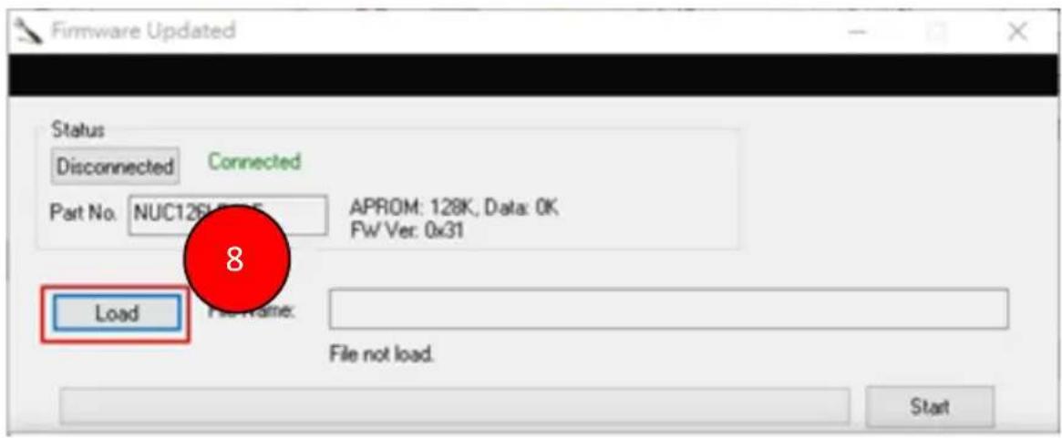 Firmware Updated Status Disconnected Connected Part No. NUC1261-005 APROM: 128K; Data: 0K FW Ver: 0x31 Load File Name: File not load. Start