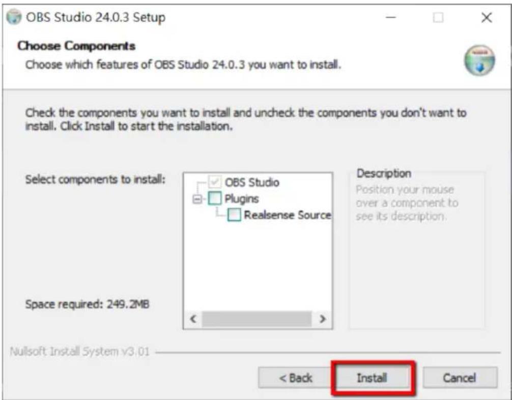 OBS Studio 24.0.3 Setup Choose Components Choose which features of OBS Studio 24.0.3 you want to install. Check the components you want to install and uncheck the components you don't want to install. Click Install to start the installation. Select components to install: OBS Studio Plugins Realsense Source Space required: 249.2MB Description Position your mouse over a component to see its description. Nullsoft Install System v3.01 < Back Install Cancel