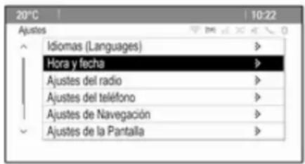 20°C Ajustes Idiomas (Languages) Hora y fecha Ajustes del radio Ajustes del teléfono Ajustes de Navegación Ajustes de la Pantalla