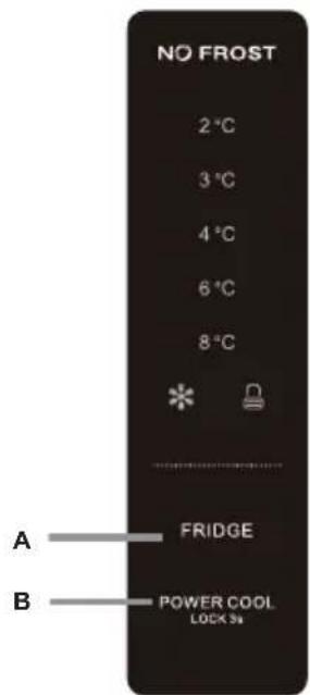 NO FROST 2°C 3°C 4°C 6°C 8°C A FRIDGE B POWER COOL LOCK 5%