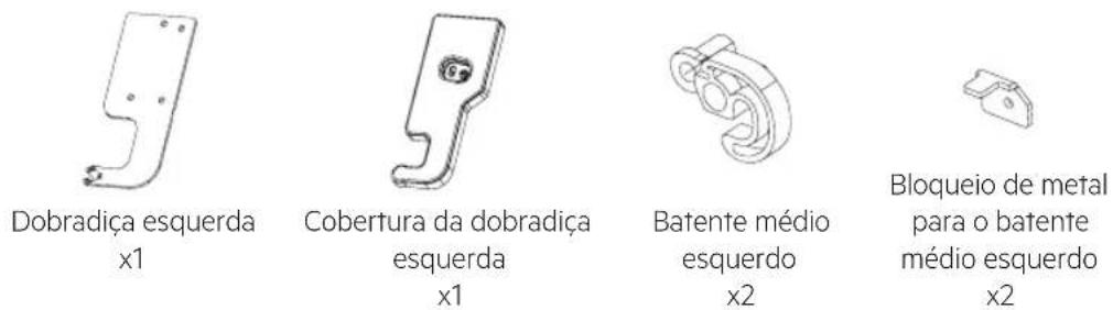 Dobradiça esquerda x1 Cobertura da dobradiça esquerda x1 Batente médio esquerdo x2 Bloqueio de metal para o batente médio esquerdo x2