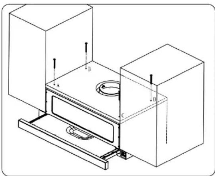 Technical diagram of a mechanical device with labeled components A, B, C, and D
