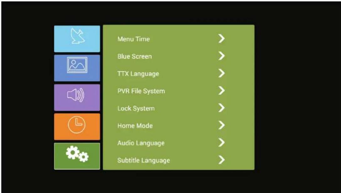 Menu Time > Blue Screen > TTX Language > PVR File System > Lock System > Home Mode > Audio Language > Subtitle Language >