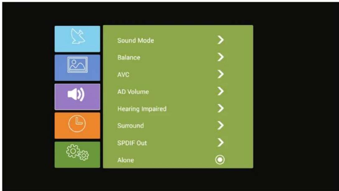 Sound Mode > Balance > AVC > AD Volume > Hearing Impaired > Surround > SPDIF Out > Alone >