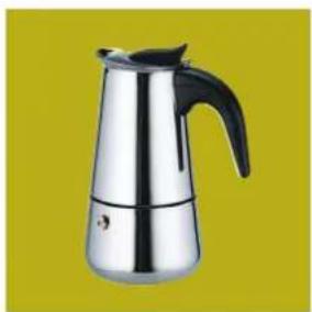 Metallic coffee maker with black handle against a solid yellow background (no text or symbols visible)
