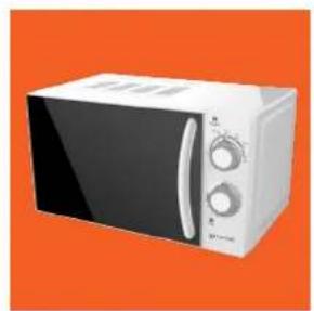 White microwave oven with control knobs and a black lid, set against an orange background (no text or symbols visible)