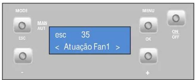 MODE MAN AUT ESC esc 35 < Atuação Fan1 > MENU OK ON OFF +