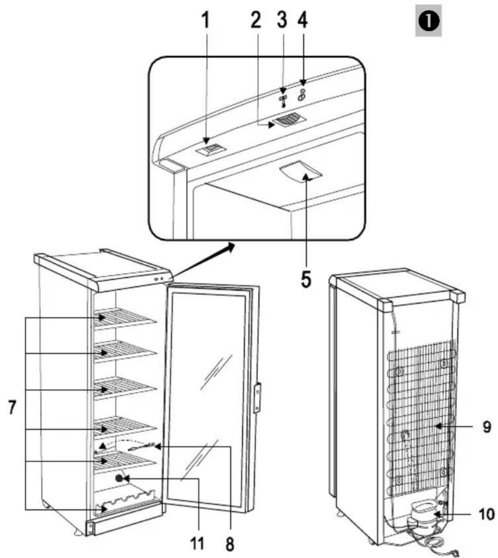 Technical diagram of a refrigerator with numbered parts and exploded view, showing internal structure and component layout.