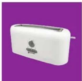 White portable toaster with a black button on the front panel, set against a solid purple background (no text or symbols visible)