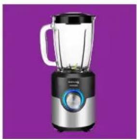 Modern kitchen blender with black handle and blue control knob against purple background (no text or symbols)
